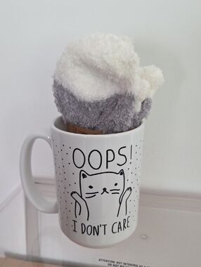 Adorable Mug W/cat & Says OOPS! I Dont Care...also Cute Cozy Socks